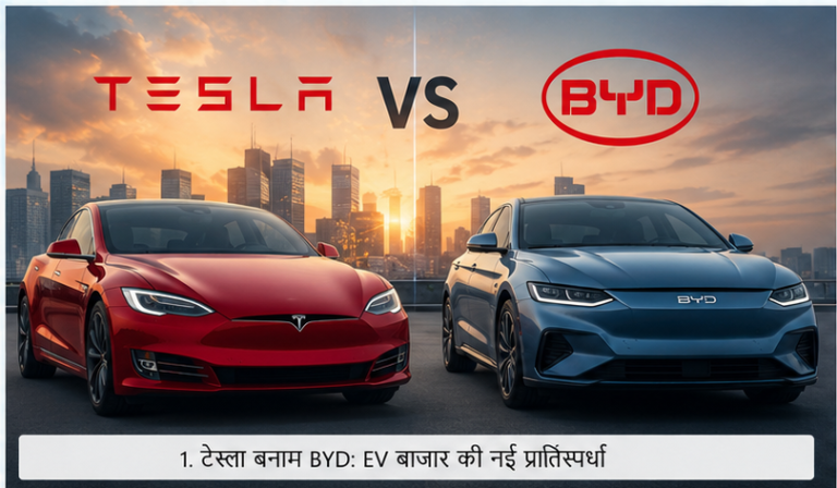 टेस्ला और BYD की इलेक्ट्रिक कारें वैश्विक इलेक्ट्रिक वाहन बाजार में प्रतिस्पर्धा करती हुई