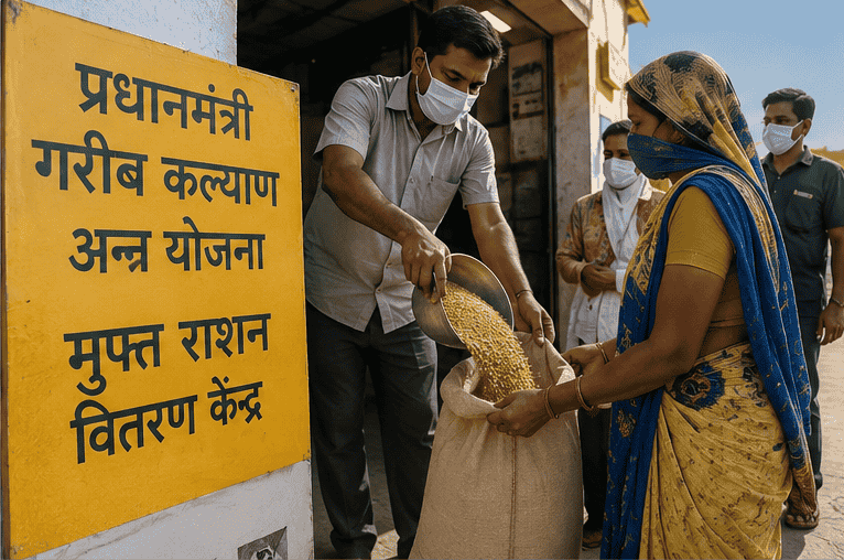 प्रधानमंत्री गरीब कल्याण अन्न योजना के तहत जरूरतमंद परिवार को मुफ्त राशन वितरित करते कर्मचारी