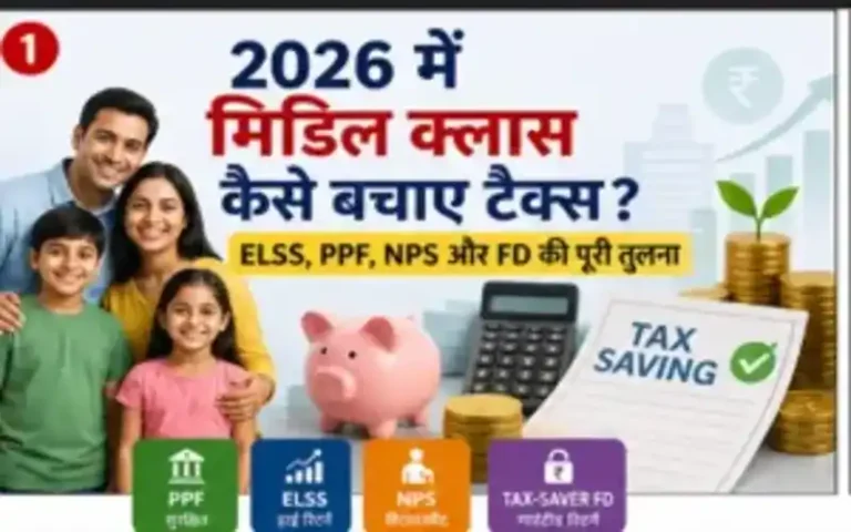 2026 में मिडिल क्लास के लिए टैक्स सेविंग विकल्पों पर आधारित एक विस्तृत इन्फोग्राफिक। इसमें PPF, ELSS, NPS और Tax-Saver FD की तुलना दिखाई गई है। चार्ट्स, ग्राफ्स और आइकन के साथ टैक्स सेविंग रणनीति, निवेश आवंटन और स्टेप-बाय-स्टेप गाइड को सरल हिंदी में समझाया गया है। परिवार, गुल्लक, सिक्के और कैलकुलेटर जैसे विजुअल्स टैक्स प्लानिंग को दर्शाते हैं।