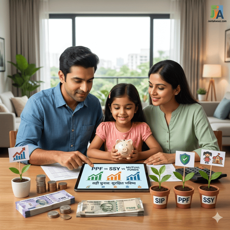 PPF vs SSY vs Mutual Fund निवेश पर चर्चा करता भारतीय परिवार, साथ में गुल्लक और भारतीय करेंसी नोट।