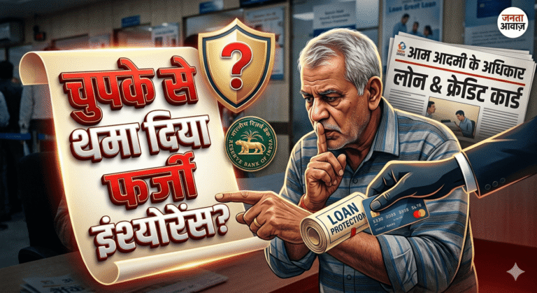 जनता आवाज़ पोर्टल का न्यूज़ थंबनेल, जिसमें एक बुजुर्ग व्यक्ति बैंक धोखाधड़ी और लोन प्रोटेक्शन इंश्योरेंस के जाल को लेकर चिंतित दिख रहा है। तस्वीर पर हिंदी में 'सावधान! बिना पूछे लगा फर्जी इंश्योरेंस, रिफंड कैसे लें?' लिखा है, साथ ही बैंक लोकपाल और उपभोक्ता अधिकारों का अखबार भी दिखाई दे रहा है।"