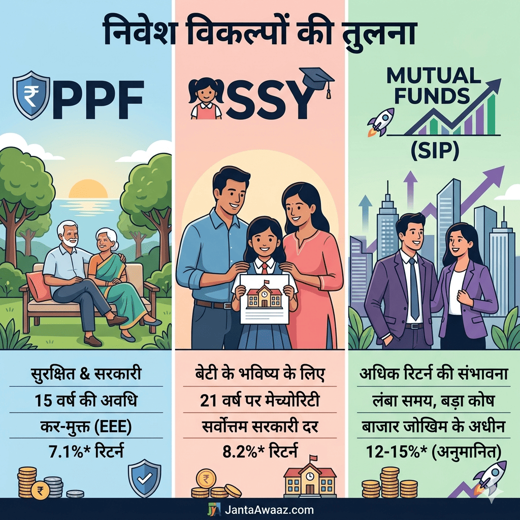 PPF, सुकन्या समृद्धि योजना (SSY) और म्यूचुअल फंड SIP निवेश के बीच तुलनात्मक इन्फोग्राफिक चार्ट हिंदी में - JantaAwaaz.com