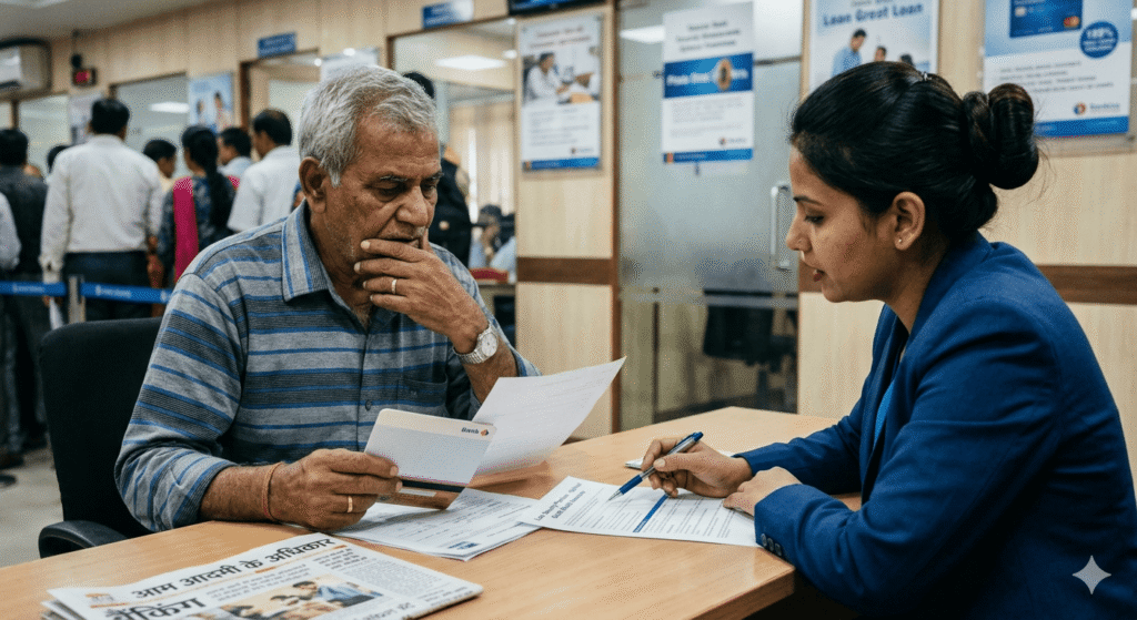 एक भारतीय बैंक के अंदर का दृश्य जहां एक आम बुजुर्ग नागरिक (ग्राहक) लोन और क्रेडिट कार्ड के दस्तावेजों को चिंता में देख रहा है, और बैंक महिला कर्मचारी उन्हें पेन से फॉर्म पर साइन करने का इशारा कर रही है। टेबल पर बैंकिंग अधिकारों का अखबार रखा है।