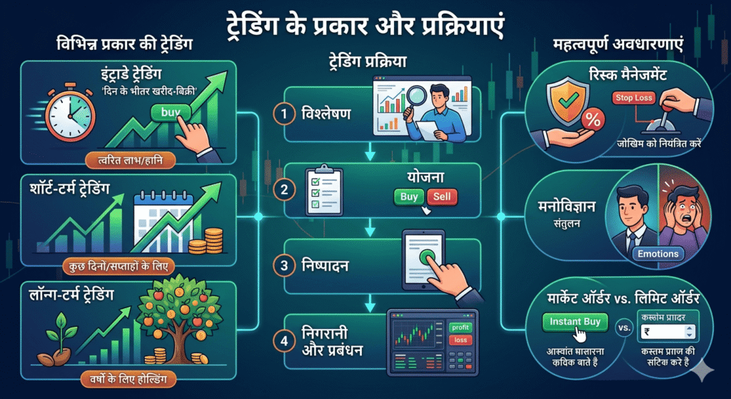 डिंग के प्रकार (इंट्राडे, शॉर्ट-टर्म, लॉन्ग-टर्म), ट्रेडिंग प्रक्रिया