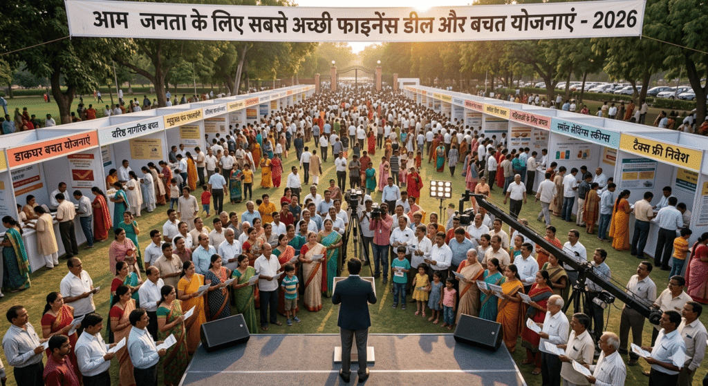 सामने एक मंच बनाया गया है जहाँ से एक वक्ता संबोधित कर रहे हैं, जिससे यह एक बड़े सार्वजनिक जागरूकता अभियान जैसा प्रतीत होता है।यह तस्वीर वित्तीय साक्षरता को बढ़ावा देने वाले किसी सरकारी या संस्थागत कार्यक्रम की एक जीवंत झलक दिखाती है।